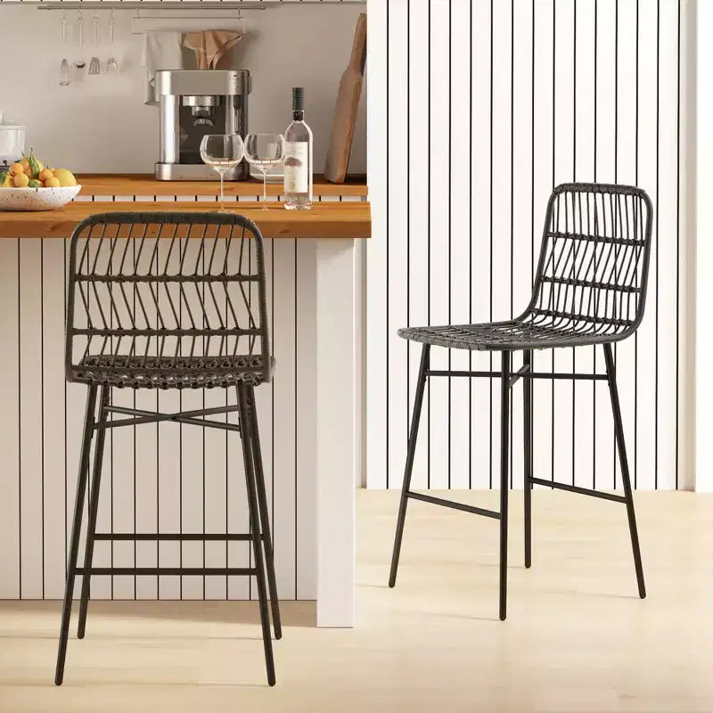 Sgabelli da Bar in Rattan, Set da 2, Sgabelli da 66 cm con Schienale, Sedie da Bar per Isola della Cucina