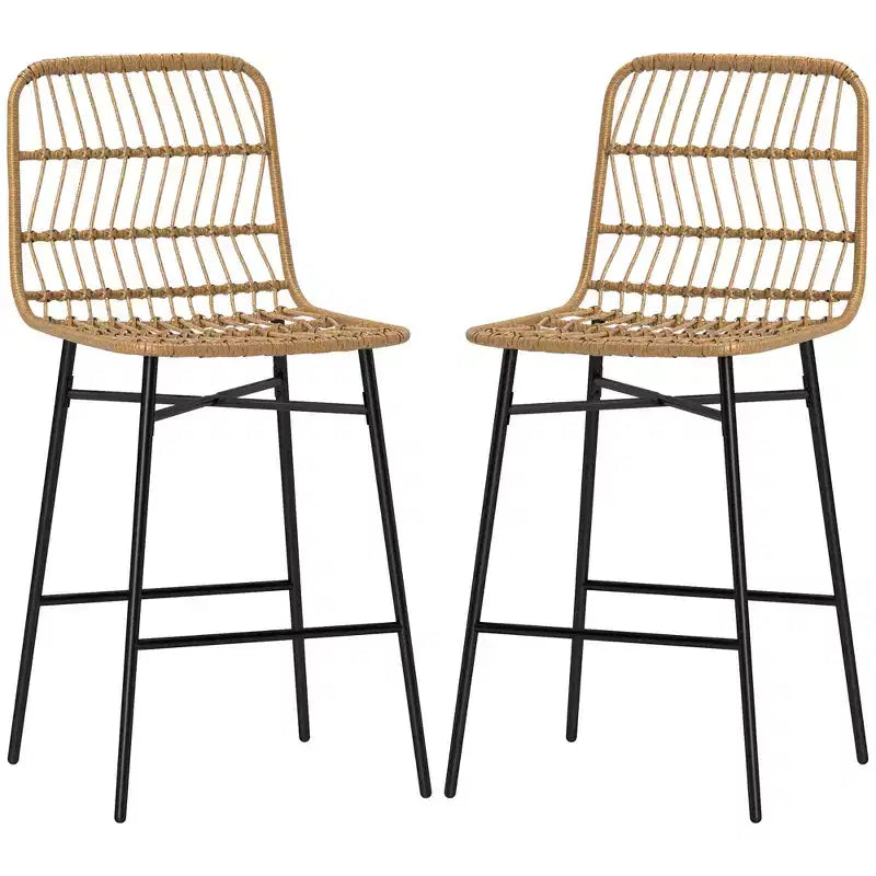 Sgabelli da Bar in Rattan, Set da 2, Sgabelli da 66 cm con Schienale, Sedie da Bar per Isola della Cucina