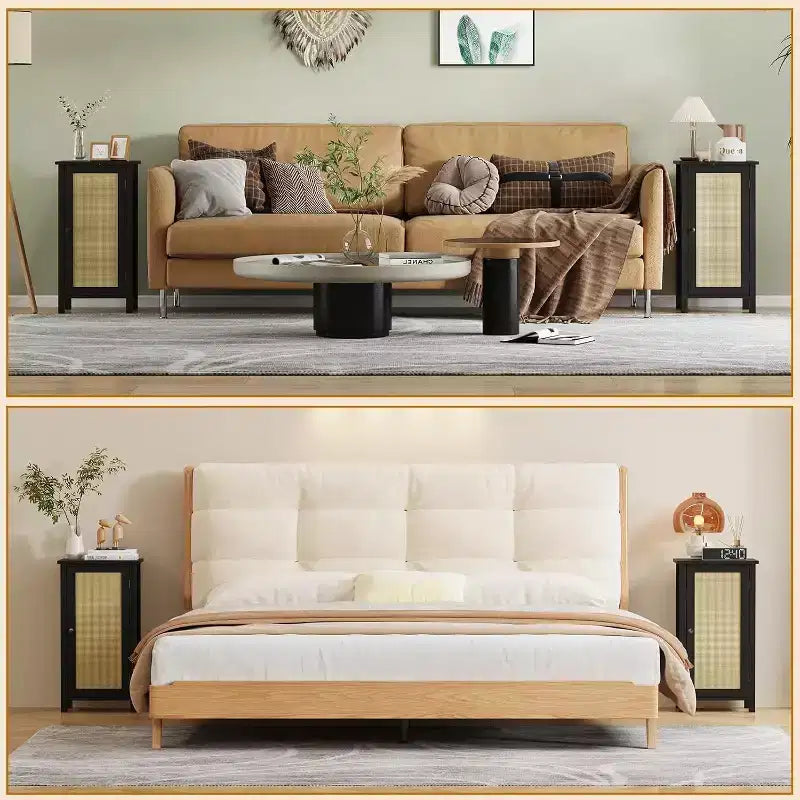 Comodino Modern Farmhouse, Comodino Boho da 40 cm con Cassetto, Tavolino Contenitore in Legno con Gambe Robuste per Camera da Letto, Soggiorno
