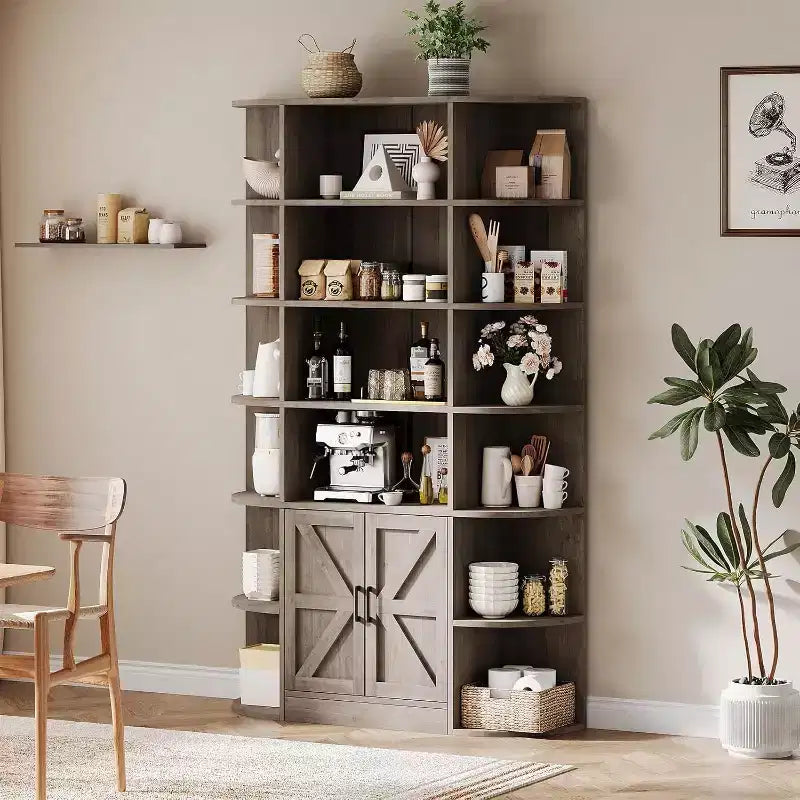 Libreria in Legno a 6 Ripiani Alta 190,5 cm con Armadietto e Ante, Ampia Scaffalatura Contenitore e Espositiva Grigia per Camera da Letto, Soggiorno, Ufficio