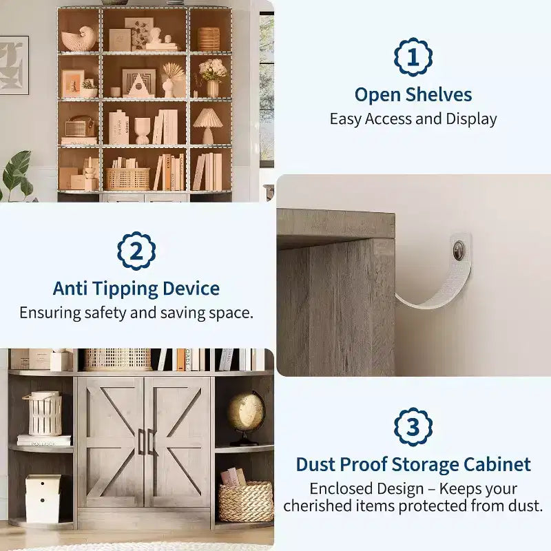 Libreria in Legno a 6 Ripiani Alta 190,5 cm con Armadietto e Ante, Ampia Scaffalatura Contenitore e Espositiva Grigia per Camera da Letto, Soggiorno, Ufficio