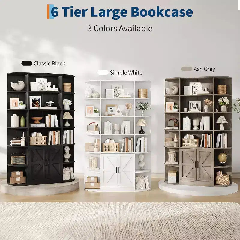 Libreria in Legno a 6 Ripiani Alta 190,5 cm con Armadietto e Ante, Ampia Scaffalatura Contenitore e Espositiva Grigia per Camera da Letto, Soggiorno, Ufficio