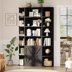 Libreria in Legno a 6 Ripiani Alta 190,5 cm con Armadietto e Ante, Ampia Scaffalatura Contenitore e Espositiva Grigia per Camera da Letto, Soggiorno, Ufficio