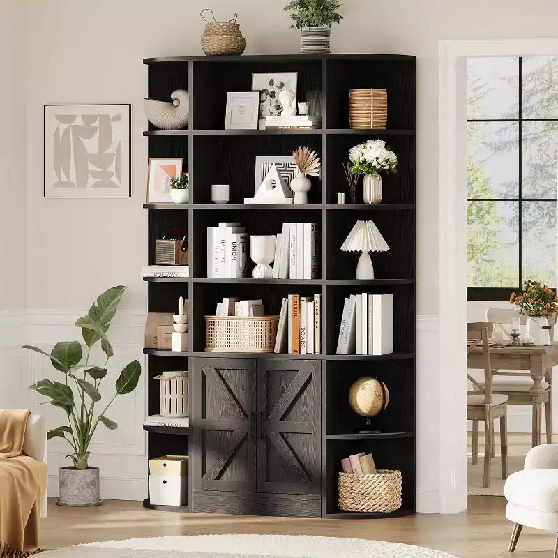 Libreria in Legno a 6 Ripiani Alta 190,5 cm con Armadietto e Ante, Ampia Scaffalatura Contenitore e Espositiva Grigia per Camera da Letto, Soggiorno, Ufficio