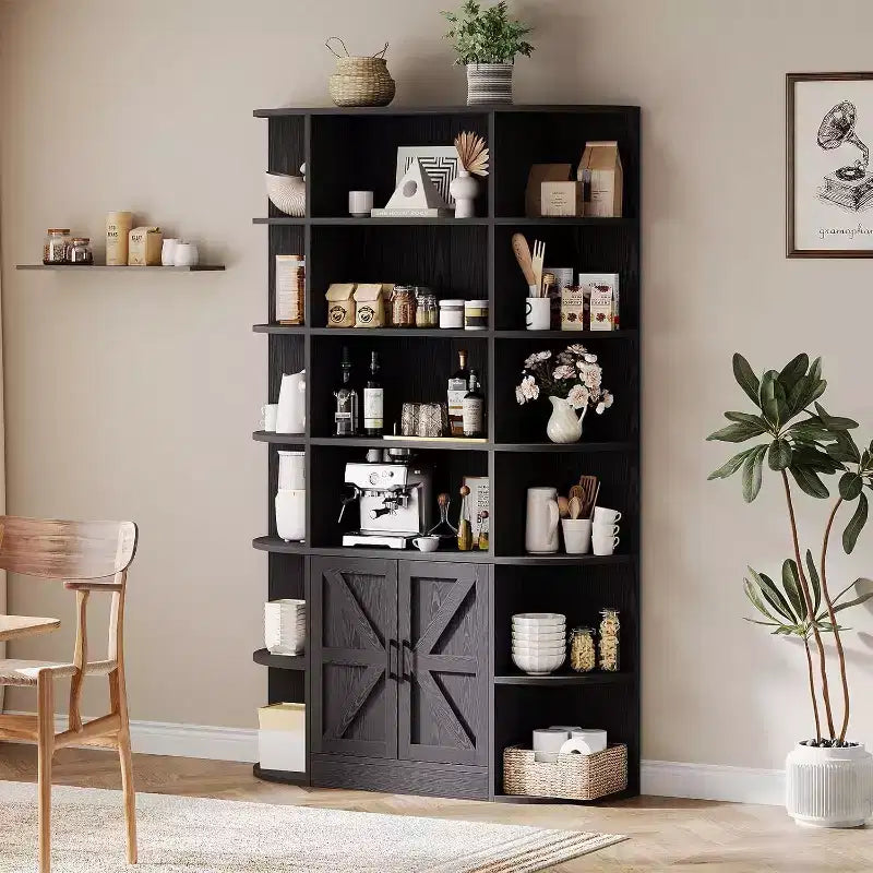 Libreria in Legno a 6 Ripiani Alta 190,5 cm con Armadietto e Ante, Ampia Scaffalatura Contenitore e Espositiva Grigia per Camera da Letto, Soggiorno, Ufficio