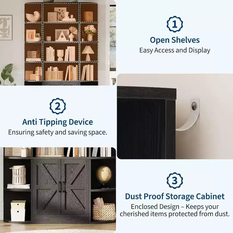 Libreria in Legno a 6 Ripiani Alta 190,5 cm con Armadietto e Ante, Ampia Scaffalatura Contenitore e Espositiva Grigia per Camera da Letto, Soggiorno, Ufficio