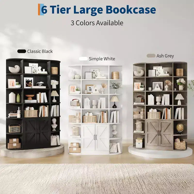 Libreria in Legno a 6 Ripiani Alta 190,5 cm con Armadietto e Ante, Ampia Scaffalatura Contenitore e Espositiva Grigia per Camera da Letto, Soggiorno, Ufficio