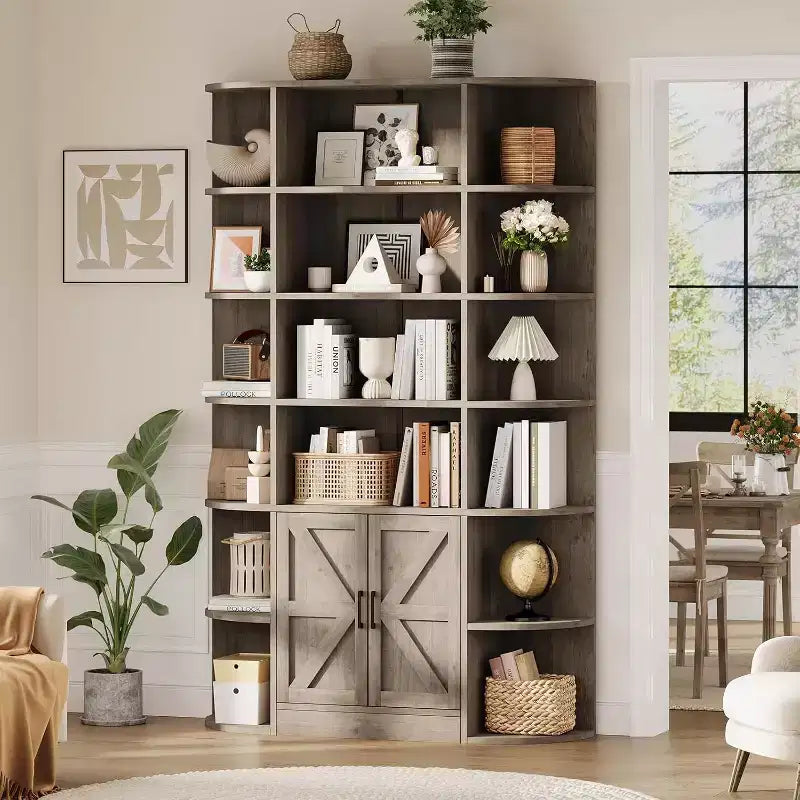 Libreria in Legno a 6 Ripiani Alta 190,5 cm con Armadietto e Ante, Ampia Scaffalatura Contenitore e Espositiva Grigia per Camera da Letto, Soggiorno, Ufficio