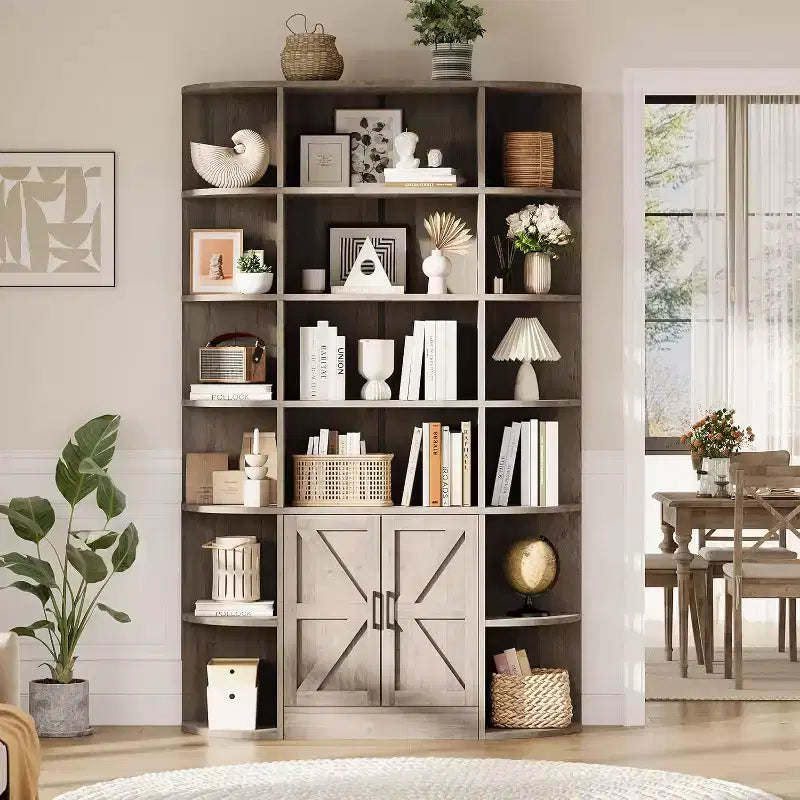 Libreria in Legno a 6 Ripiani Alta 190,5 cm con Armadietto e Ante, Ampia Scaffalatura Contenitore e Espositiva Grigia per Camera da Letto, Soggiorno, Ufficio