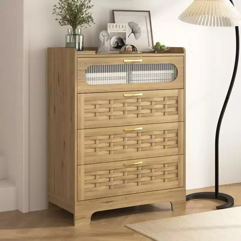 Comò a 4 cassetti per camera da letto, Comò in legno con rattan, Comò alti e cassettiere ampie, Comò per armadio da camera da letto, Legno