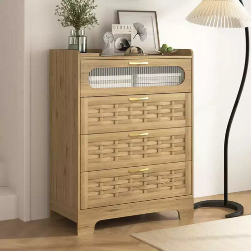 Comò a 4 cassetti per camera da letto, Comò in legno con rattan, Comò alti e cassettiere ampie, Comò per armadio da camera da letto, Legno