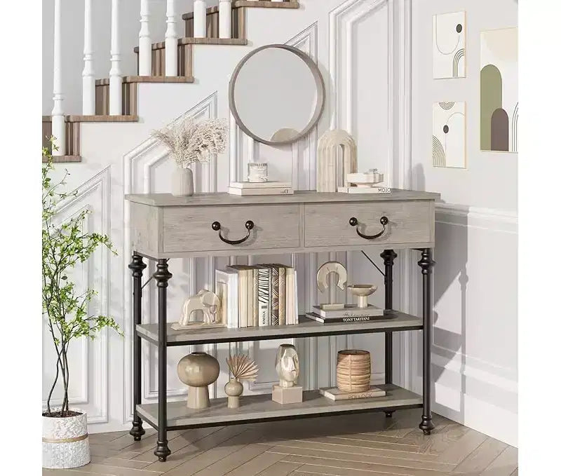 Tavolino Console Piccolo da Ingresso con 3 Cassetti, Tavolino Stretto da Divano con Ripiani Portaoggetti per Salotto, Corridoio, Camera da Letto