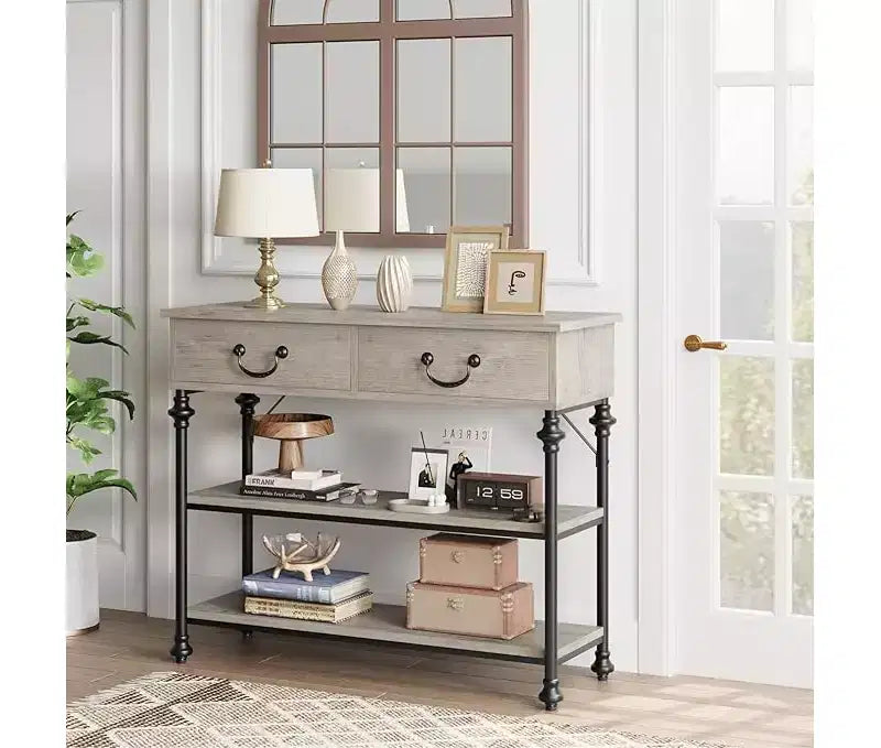 Tavolino Console Piccolo da Ingresso con 3 Cassetti, Tavolino Stretto da Divano con Ripiani Portaoggetti per Salotto, Corridoio, Camera da Letto
