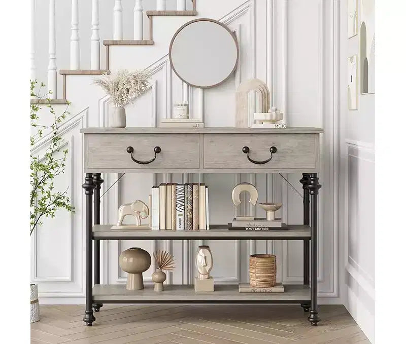 Tavolino Console Piccolo da Ingresso con 3 Cassetti, Tavolino Stretto da Divano con Ripiani Portaoggetti per Salotto, Corridoio, Camera da Letto