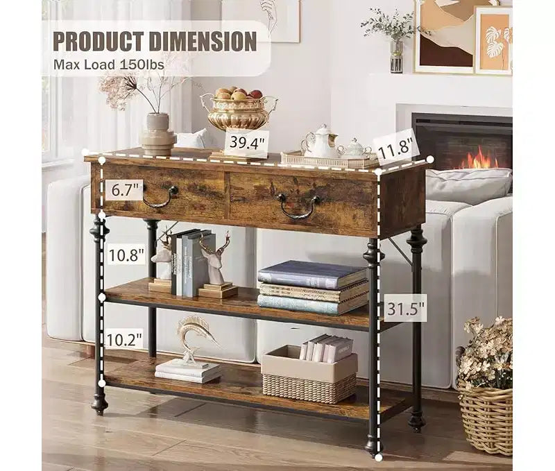 Tavolino Console Piccolo da Ingresso con 3 Cassetti, Tavolino Stretto da Divano con Ripiani Portaoggetti per Salotto, Corridoio, Camera da Letto