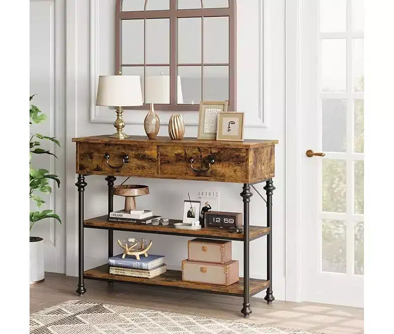 Tavolino Console Piccolo da Ingresso con 3 Cassetti, Tavolino Stretto da Divano con Ripiani Portaoggetti per Salotto, Corridoio, Camera da Letto