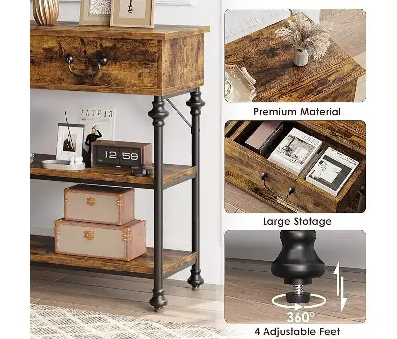 Tavolino Console Piccolo da Ingresso con 3 Cassetti, Tavolino Stretto da Divano con Ripiani Portaoggetti per Salotto, Corridoio, Camera da Letto