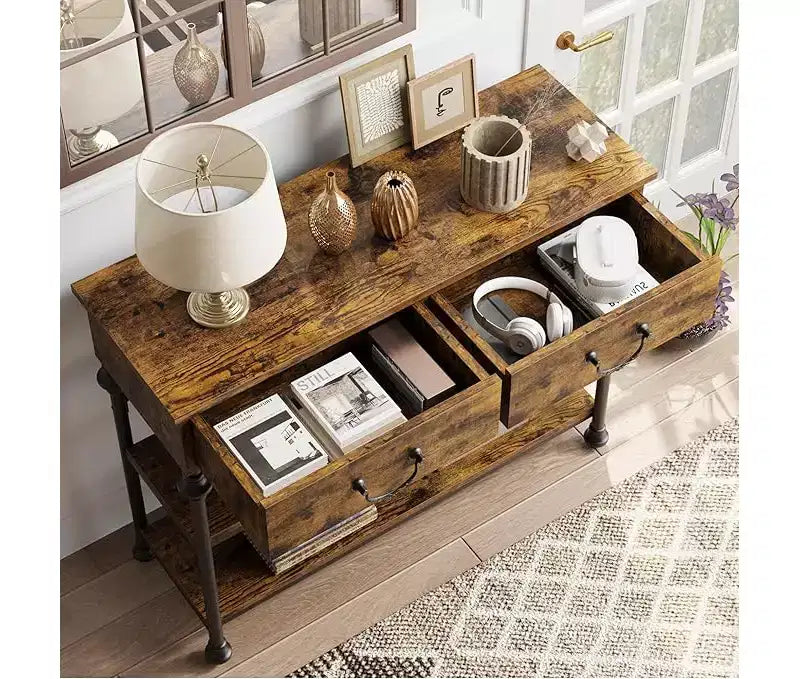 Tavolino Console Piccolo da Ingresso con 3 Cassetti, Tavolino Stretto da Divano con Ripiani Portaoggetti per Salotto, Corridoio, Camera da Letto