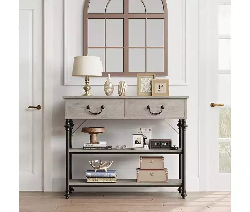 Tavolino Console Piccolo da Ingresso con 3 Cassetti, Tavolino Stretto da Divano con Ripiani Portaoggetti per Salotto, Corridoio, Camera da Letto
