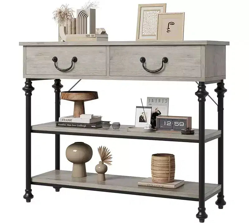 Tavolino Console Piccolo da Ingresso con 3 Cassetti, Tavolino Stretto da Divano con Ripiani Portaoggetti per Salotto, Corridoio, Camera da Letto