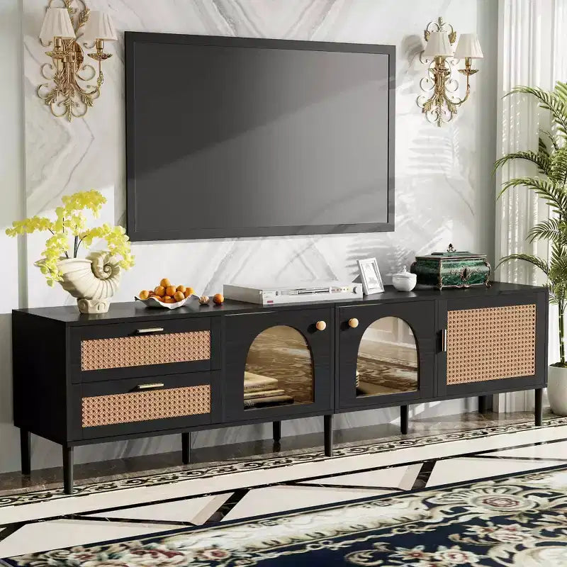 Mobile TV in Rattan con 3 Ante e 2 Cassetti, Tavolo Consolle Media effetto Rattan per TV fino a 80 pollici, Mobile TV per Soggiorno Nero