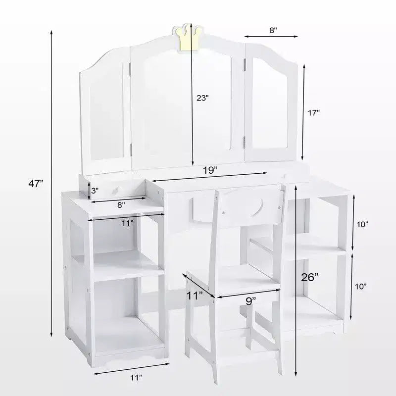 Set tavolo e sedia da trucco per bambini, mobiletto con specchio a tre ante e contenitore 2 in 1 per bambine