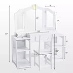 Set tavolo e sedia da trucco per bambini, mobiletto con specchio a tre ante e contenitore 2 in 1 per bambine