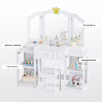 Set tavolo e sedia da trucco per bambini, mobiletto con specchio a tre ante e contenitore 2 in 1 per bambine