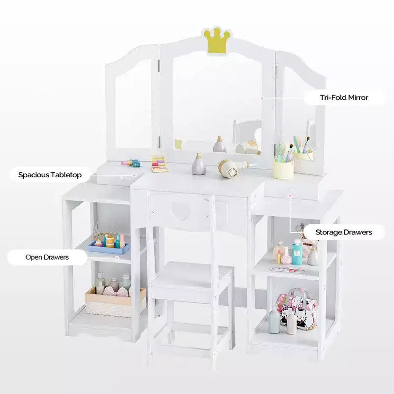 Set tavolo e sedia da trucco per bambini, mobiletto con specchio a tre ante e contenitore 2 in 1 per bambine