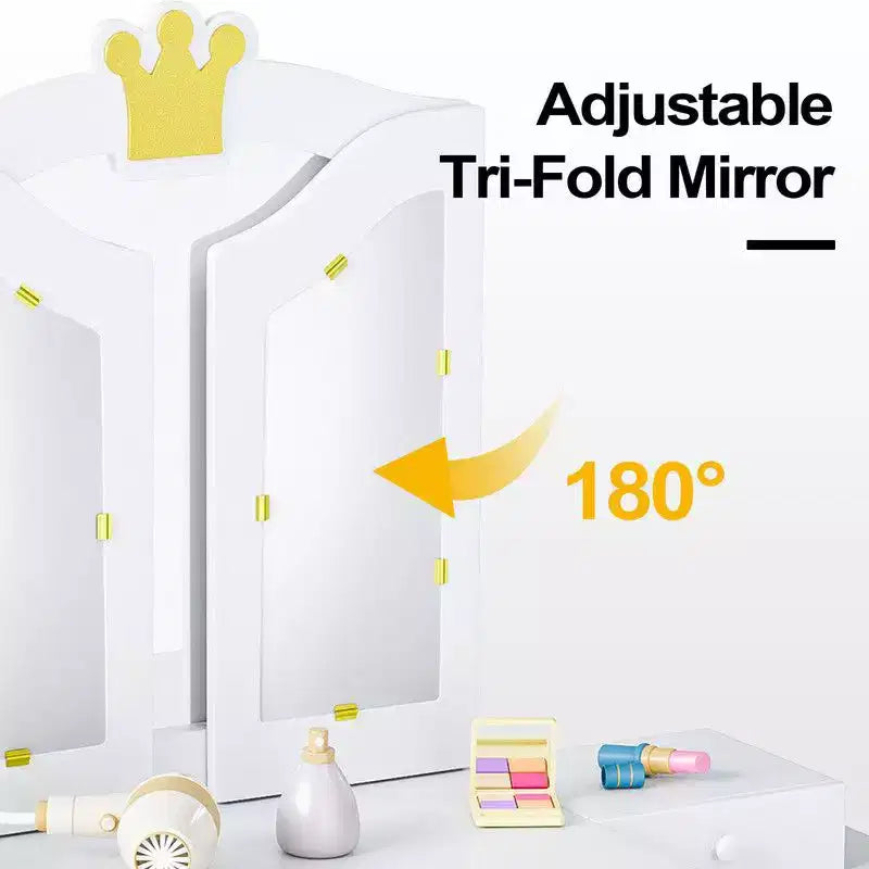 Set tavolo e sedia da trucco per bambini, mobiletto con specchio a tre ante e contenitore 2 in 1 per bambine
