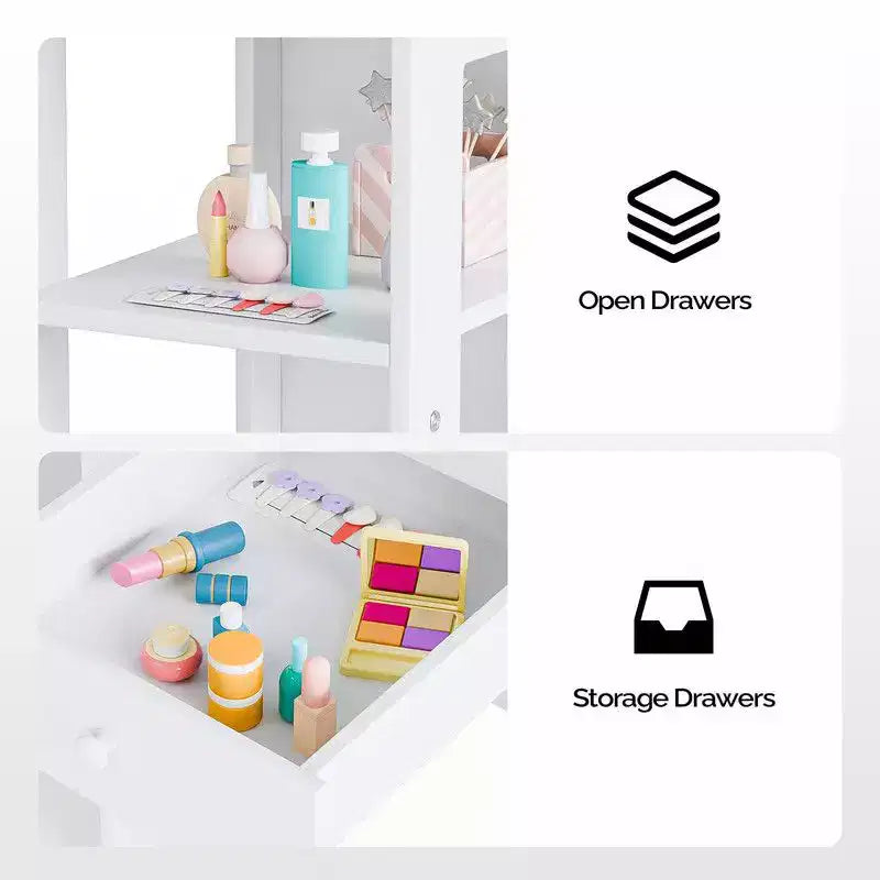 Set tavolo e sedia da trucco per bambini, mobiletto con specchio a tre ante e contenitore 2 in 1 per bambine