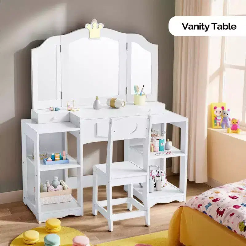 Set tavolo e sedia da trucco per bambini, mobiletto con specchio a tre ante e contenitore 2 in 1 per bambine