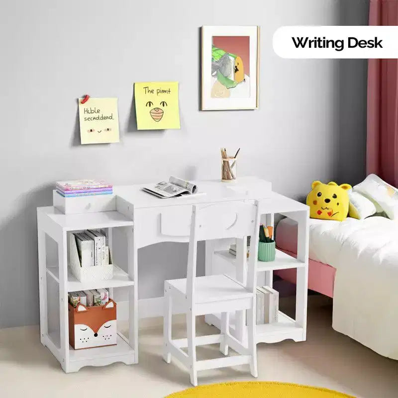 Set tavolo e sedia da trucco per bambini, mobiletto con specchio a tre ante e contenitore 2 in 1 per bambine