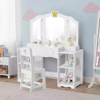 Set tavolo e sedia da trucco per bambini, mobiletto con specchio a tre ante e contenitore 2 in 1 per bambine