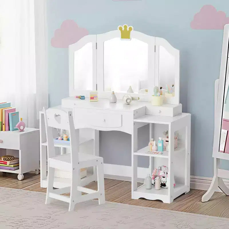 Set tavolo e sedia da trucco per bambini, mobiletto con specchio a tre ante e contenitore 2 in 1 per bambine
