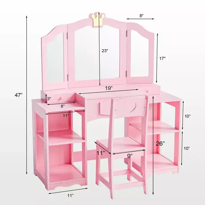 Set tavolo e sedia da trucco per bambini, mobiletto con specchio a tre ante e contenitore 2 in 1 per bambine
