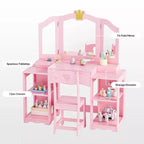 Set tavolo e sedia da trucco per bambini, mobiletto con specchio a tre ante e contenitore 2 in 1 per bambine