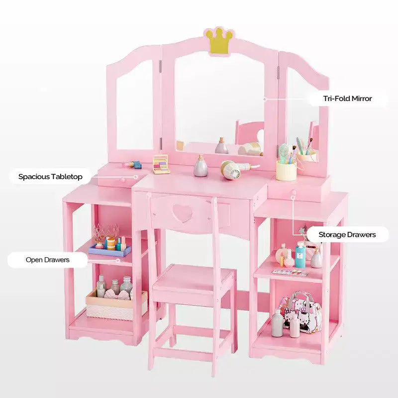 Set tavolo e sedia da trucco per bambini, mobiletto con specchio a tre ante e contenitore 2 in 1 per bambine