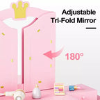 Set tavolo e sedia da trucco per bambini, mobiletto con specchio a tre ante e contenitore 2 in 1 per bambine