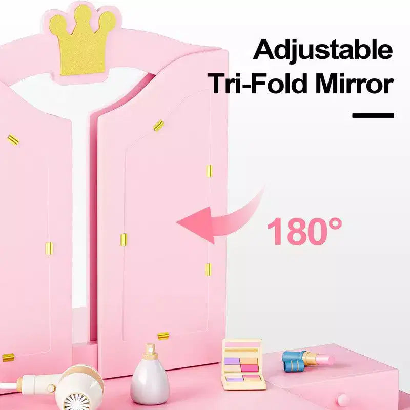 Set tavolo e sedia da trucco per bambini, mobiletto con specchio a tre ante e contenitore 2 in 1 per bambine