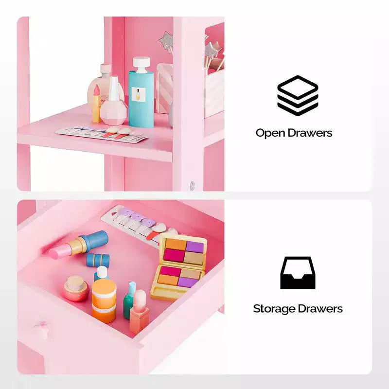 Set tavolo e sedia da trucco per bambini, mobiletto con specchio a tre ante e contenitore 2 in 1 per bambine