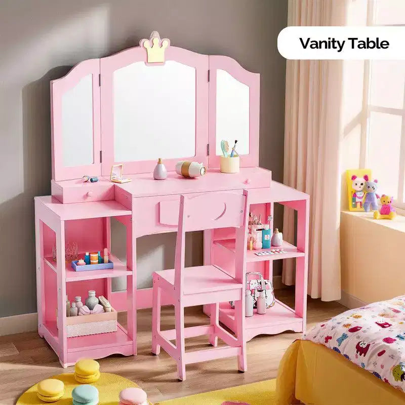 Set tavolo e sedia da trucco per bambini, mobiletto con specchio a tre ante e contenitore 2 in 1 per bambine