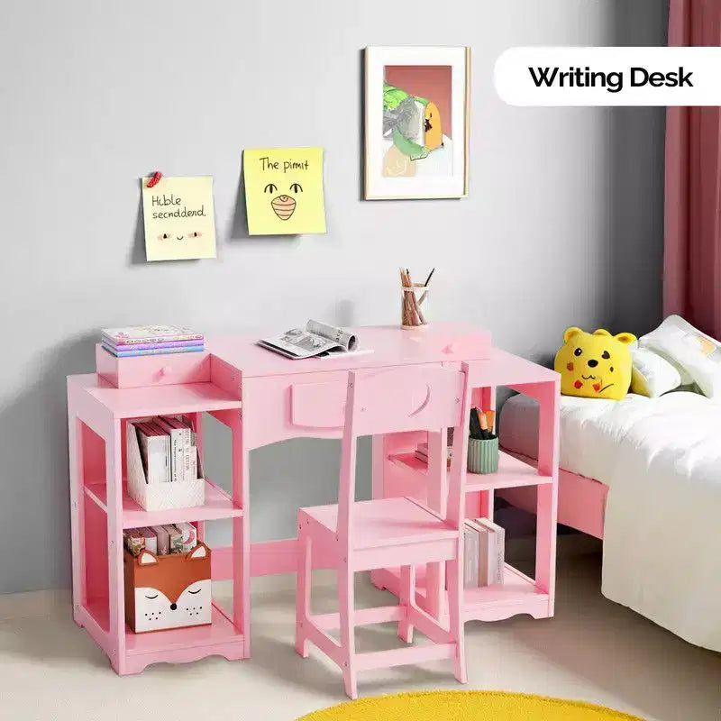Set tavolo e sedia da trucco per bambini, mobiletto con specchio a tre ante e contenitore 2 in 1 per bambine