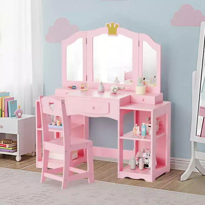Set tavolo e sedia da trucco per bambini, mobiletto con specchio a tre ante e contenitore 2 in 1 per bambine