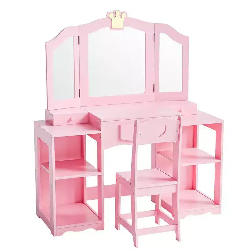 Set tavolo e sedia da trucco per bambini, mobiletto con specchio a tre ante e contenitore 2 in 1 per bambine