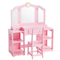 Set tavolo e sedia da trucco per bambini, mobiletto con specchio a tre ante e contenitore 2 in 1 per bambine