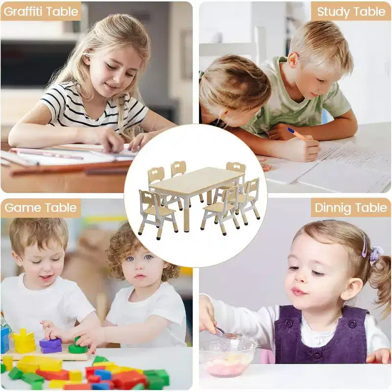 Set Tavolo e 6 Sedie per Bambini, Tavolo per Bambini Regolabile in Altezza, Scrivania Graffiti, Tavolo da Studio per Bambini per 6 Posti per Asilo Nido Casa Scuola Materna per Età 2-10 Anni