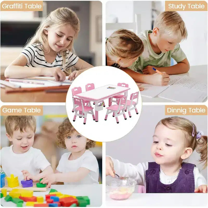 Set Tavolo e 6 Sedie per Bambini, Tavolo per Bambini Regolabile in Altezza, Scrivania Graffiti, Tavolo da Studio per Bambini per 6 Posti per Asilo Nido Casa Scuola Materna per Età 2-10 Anni