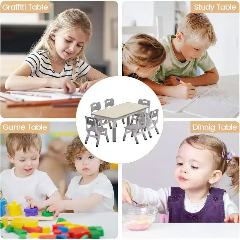 Set Tavolo e 6 Sedie per Bambini, Tavolo per Bambini Regolabile in Altezza, Scrivania Graffiti, Tavolo da Studio per Bambini per 6 Posti per Asilo Nido Casa Scuola Materna per Età 2-10 Anni