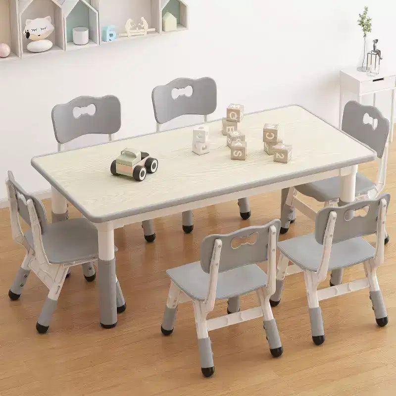 Kids Table and 6 Chairs Set,Height Adjustable Toddler Table,Graffiti Desktop, Children Study Table for 6 for Home Daycare Preschool for Ages 2-10